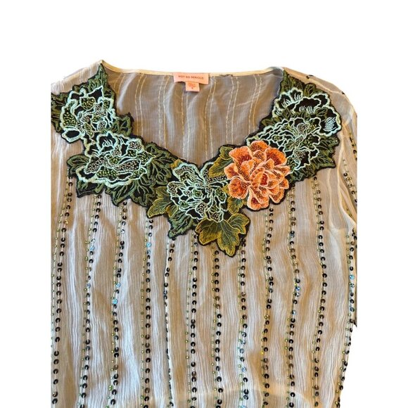 Not So Serious Embroidered Sheer Blouse Floral Detailing & Long Sleeves Boho - Picture 2 of 6
